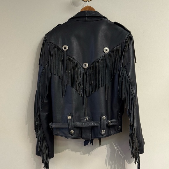 Verducci size 38 black leather fringe moto jacket skull buttons - Picture 3 of 15